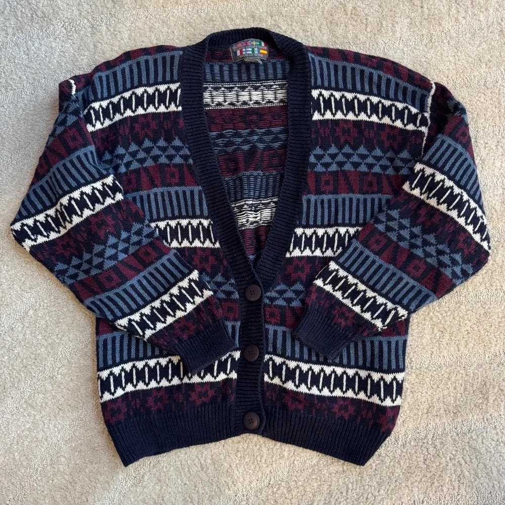 Paris Sport‎ Club Vintage Fair Isle Cardigan Sweater Navy Burgundy Geometric L